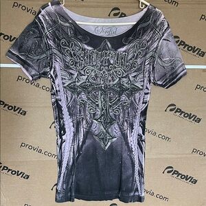 Sinful woman’s t shirt. This sexy pink, black and gray with bling.